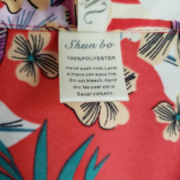 Shun Bo Floral Tropical Hawaiian Collared Peplum Button Down Top - Picture 4 of 5